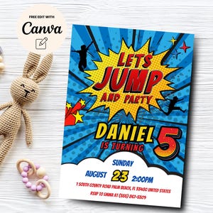Jump 5th Birthday Invitation, Trampoline birthday party bounce house invite, Comic Theme Birthday, Canva Template, Digital Download