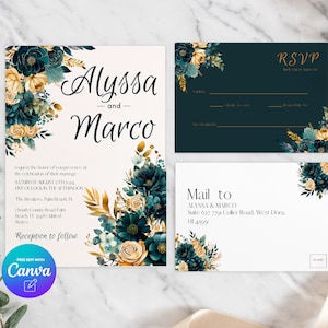 Peut inclure: Invitation de mariage avec un motif floral bleu sarcelle et or. L'invitation indique "Alyssa et Marco" et comprend des détails sur la cérémonie et la réception du mariage. La carte RSVP comprend un motif floral bleu sarcelle et or et le texte "RSVP". La carte d'adresse postale comprend un motif floral bleu sarcelle et or et le texte "Adresse postale Alyssa & Marco".