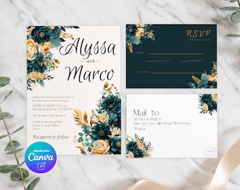 Emerald Green and Gold Flowers Wedding Invitation, Editable Canva Template, Instant Download, Digital Product