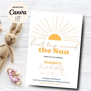 Op de afbeelding: Een witte uitnodiging met een gele zonafbeelding en de tekst "eerste reis rond de zon" en "Daniel's eerste verjaardag". De uitnodiging bevat de datum, tijd en locatie van het evenement.
