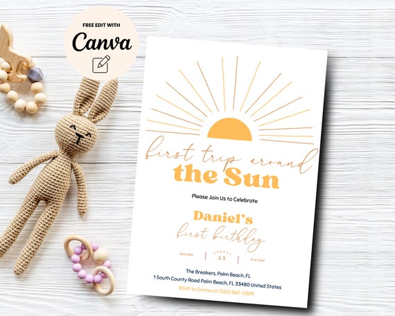 Sunshine 1st Birthday Invitation, Editable First Trip Around The Sun Invite, Instant Download, Canva Template