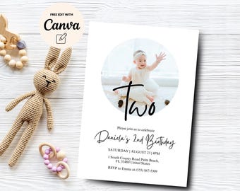 Editable 2nd Birthday Photo Invitation, 2nd Birthday Invite, Minimalist 2nd Birthday Photo Invite, Canva Editable, Digital Download