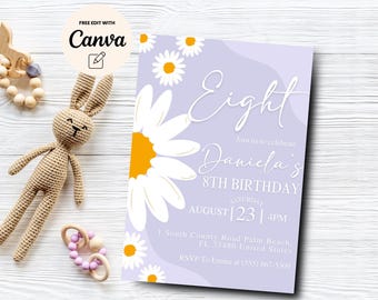 Invitación de cumpleaños número 8 de Daisy, invitación de cumpleaños número 8 de niña morada Daisy, invitación de cumpleaños número 8 de niña Daisy, plantilla Canva, descarga digital