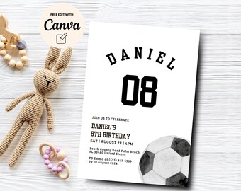 Voetbal 8e verjaardagsuitnodiging, voetbal uitnodiging, voetbal uitnodiging voor verjaardagsfeestje, voetbal verjaardag Canva sjabloon, digitale download