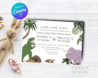 Dinosaur Double Birthday Invite for Kids, Girl Boy Birthday Invitation, Dinosaur Trex invite Any Age, Canva Template, Instant Download
