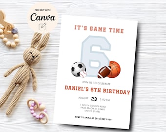 Sport zum 6. Geburtstagseinladung, bearbeitbare Vorlage zum 6. Geburtstag, Es ist Spielzeit, All Star, 6. Geburtstag, Canva bearbeitbar, digitaler Download