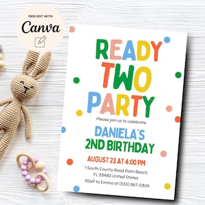Ready Two Party 2nd Birthday, Confetti Birthday Party, Retro 2nd Birthday, Instant Download, Canva Editable, Digital Download