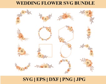 May include: A set of 14 floral wedding frames in SVG, EPS, DXF, PNG, and JPG formats. The frames feature a variety of floral arrangements with peach and yellow flowers, leaves, and branches.