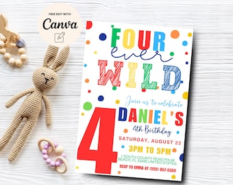 Four Ever Wild 4th Birthday Invitation, Colorful 4th Birthday, Confetti Birthday Invite, 4th Birthday, Canva Template, Digital Download