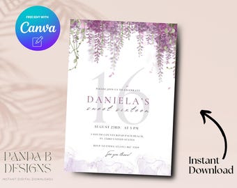 Purple Floral 16th Birthday Invite, Garden Birthday 16th Birthday Invitation, Girl 16th Birthday Invite Canva Template, Digital Download