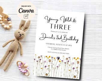 Wildflower Young Wild and Three, 3rd Birthday Invitation, Meadow Birthday Invite Canva Template, Digital Download