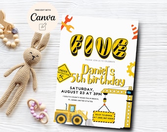 Invito per il 5° compleanno di Construction, invito per la festa dei camion da costruzione, invito per il 5° compleanno di un bambino, modello Canva, download digitale