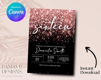 Faire-part pour 16e anniversaire de paillettes roses, invitation minimaliste pour 16e anniversaire rose, modèle de toile d'invitation Sweet Sixteen, téléchargement numérique