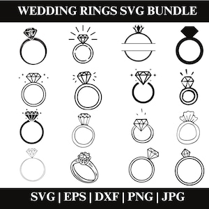 結婚指輪 SVG バンドル、結婚指輪のクリップアート、Cricut 用結婚指輪 SVG カット ファイル、ダイヤモンド リング SVG、婚約指輪 SVG、Cricut 用カット ファイル