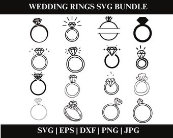 May include: A set of 16 black and white wedding ring SVG designs. The rings feature different styles of diamonds and bands. The designs are perfect for creating invitations, cards, and other wedding-related projects.