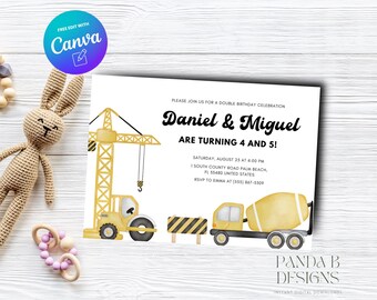 Construction Trucks Podwójne zaproszenie na urodziny, Construction Birthday Invitation Wspólne zaproszenie na urodziny w każdym wieku, Canva Template, Instant Download
