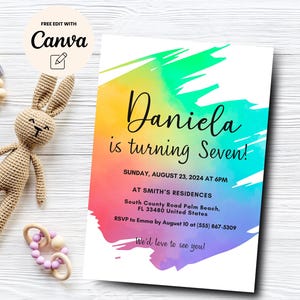 Rainbow 7th Birthday Invitation, Editable Rainbow 7th Birthday Template, Printable Girl 7th Birthday, Canva Editable, Digital Download