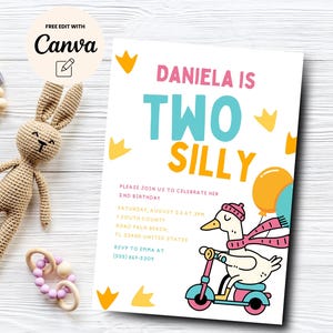 Two Silly 2nd Birthday Invitation, Silly Goose 2nd Birthday Invite, Goose Birthday, Goose Birthday Invite, Canva Template, Digital Download