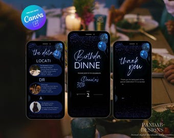 Blue Digital Birthday Dinner invitation, Animated Digital Birthday Party Video Invite, Dinner Birthday Canva Template, Digital Download