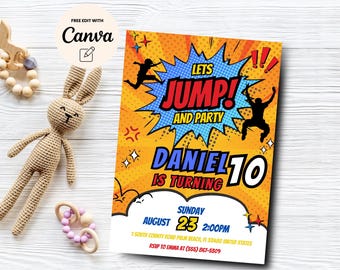 Invito per il decimo compleanno di Jump, invito per festa di compleanno con trampolino gonfiabile, compleanno a tema fumetto, modello Canva, download digitale