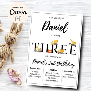 Construction 3rd Birthday Invitation, Minimalist Can You Dig It Party, Third Birthday Invite Dump, Canva Template, Digital Download