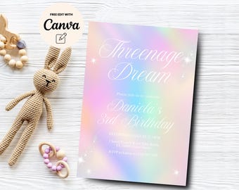 Threenage Dream 3rd Birthday Invitation, Rainbow Girl Party 3rd Birthday, Pink Dreamy Invite Instant Download, Canva Template