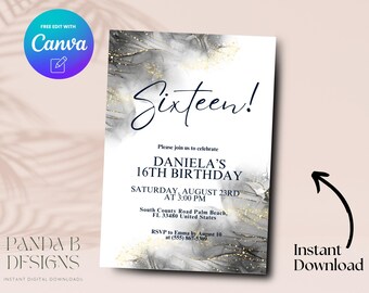 16th Birthday Invitation Template, Boys Sixteen Black and Gold Party 16th Birthday Invite Printable, Canva Template, Digital Download