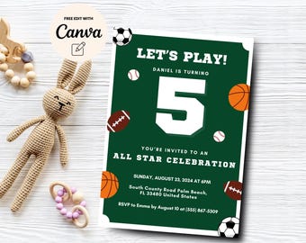 Plantilla editable de invitación para el quinto cumpleaños de All Star, invitación para fiesta de cumpleaños deportiva, fiesta con temática deportiva, plantilla Canva, descarga digital
