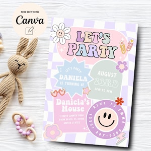 Preppy Smiley Face 6th Birthday invite,  Editable Groovy Retro birthday, Teen Party, Tween Birthday, Canva Template, Digital Download