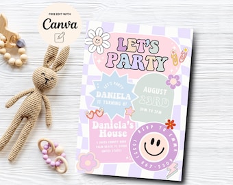 Preppy Smiley Face 6. Geburtstag einladen, bearbeitbarer Groovy Retro Geburtstag, Teen Party, Tween Geburtstag, Canva Vorlage, digitaler Download