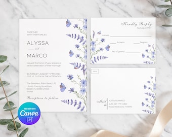 Purple Wildflower Wedding Invite, Boho Floral Printable Canva Template, Instant Download, Digital Product