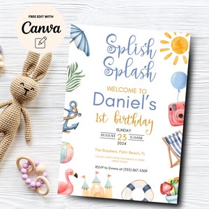 Splish Splash Beach Bash Birthday Invitation, Summer Party invite, Instant Download, Canva Editable, Digital Download, Printable