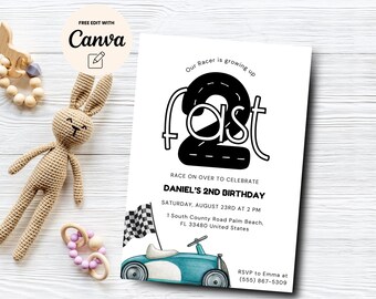 TWO Fast Birthday Invitation, Race Car 2nd Birthday Invite, Racing Car, Vintage Racecar, Canva Template, Digital Download
