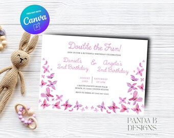 Butterfly Double Birthday Invite, Girl Pink Butterfly Birthday Invitation, Siblings Joint invite Any Age, Canva Template, Instant Download
