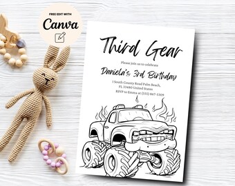 Monster Truck 3. Geburtstagseinladung, dritter Gang 3. Geburtstag einladen, 3. Geburtstag Monster Truck, Canva bearbeitbar, digitaler Download