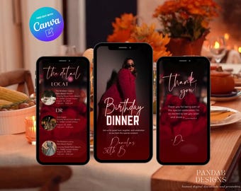 Photo Digital Birthday Dinner invitation, Animated Digital Birthday Party Video Invite, Red Dinner Birthday Canva Template, Digital Download