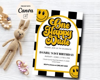 One Happy Dude 1st Birthday Invitation Template, Printable Invitation, Editable Retro One Happy Dude,  Canva Editable, Digital Download