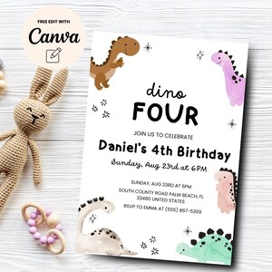 Dinosaur 4th Birthday Invitation, Dino-Four Invite, Dino Boy Fourth Birthday Party Dino Four Invitation, Canva Template, Digital Download