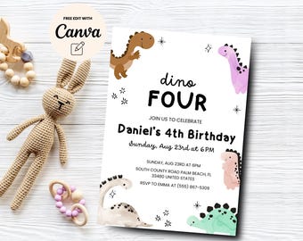 Dinosaur 4th Birthday Invitation, Dino-Four Invite, Dino Boy Fourth Birthday Party Dino Four Invitation, Canva Template, Digital Download