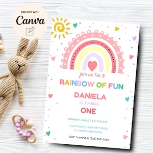 Invitación de cumpleaños arco iris, fiesta arco iris de chicas pastel imprimible, arco iris de diversión oro digital, Canva editable, descarga digital