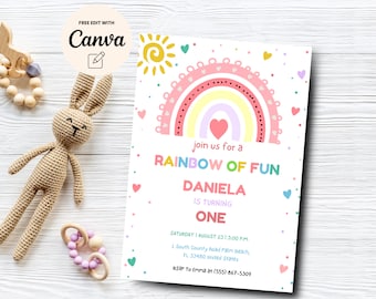 Rainbow Birthday Invitation, Printable Pastel Girls Rainbow Party, Rainbow of Fun Gold Digital, Canva Editable, Digital Download