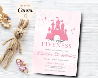 Princess 5th Birthday Invitation, Editable Her Royal Fiveness Birthday, Girl Pink 5th Birthday Party Party, Canva Template, Digital Download