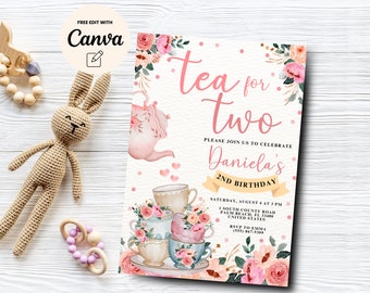 二人でお茶を飲みながらの誕生日の招待状、2歳の誕生日パーティー、ピンクゴールドの花柄の気まぐれなお茶会、即時ダウンロード、Canvaで編集可能、デジタルダウンロード