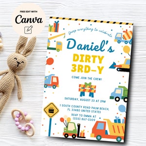 Construction Dirty 3rd-y Birthday Invitation, Dump Truck Birthday Party, Digger Excavator, Canva Template, Digital Download