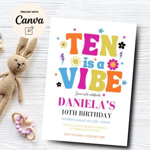 Groovy 10th Birthday Invitation, Ten is a Vibe Girl Groovy 10th Birthday Invite, Girl Daisy Birthday Canva Template, Digital Download