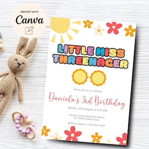 Little Miss Threenager 3rd Birthday Party Invitation, Groovy 3rd Birthday Party Invite Template, Canva Template, Digital Download
