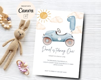 Vintage Race Car Party Invitation, Editable 1st Birthday Template, Instant Download, Digital Download