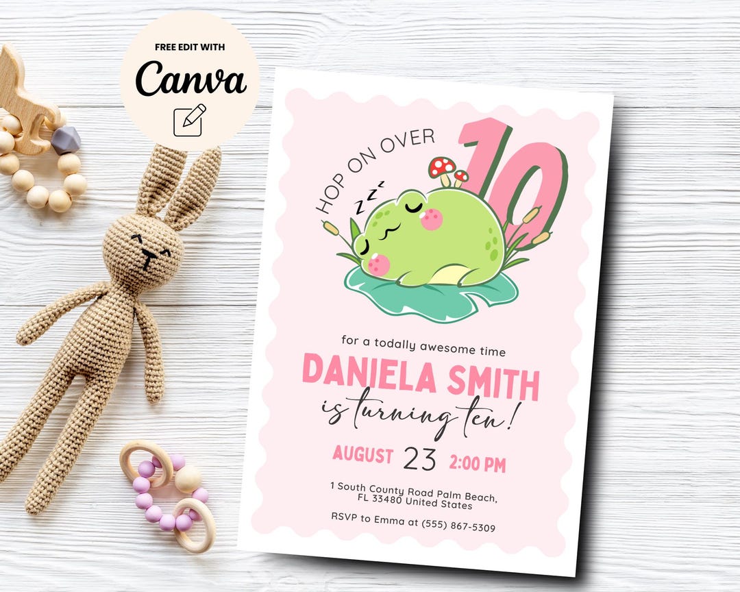 Frog 10th Birthday Invitation, Hop on Over 10th Birthday Party Invitation, Girl Pink Birthday Invitation, Canva Template, Digital Download - Etsy Japan