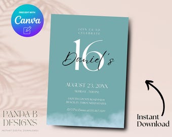 Blue 16th Birthday Invite, Minimalist Blue 16th Birthday Invitation, Editable Boy 16th Birthday Invite Canva Template, Digital Download