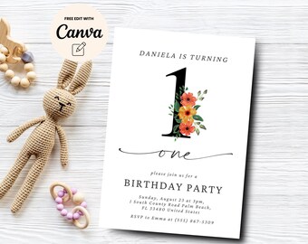 Floral 1st Birthday Invite, Editable Simple Number 1st Birthday Invitation, Floral 1st Birthday Invite, Canva Editable, Digital Download